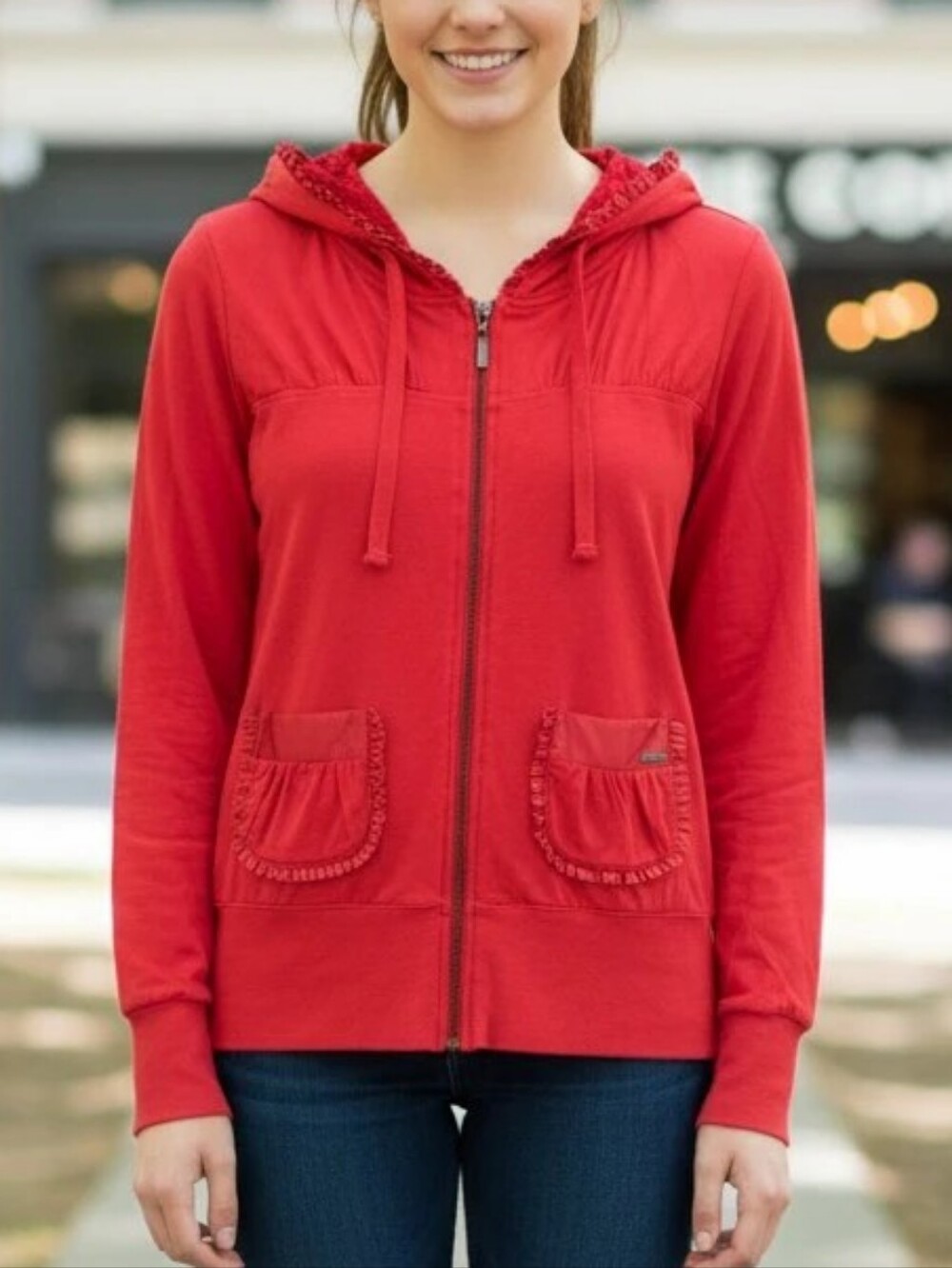 Beach Bunny Red Hooded Zip-Up Jacket with Ruffle Pockets